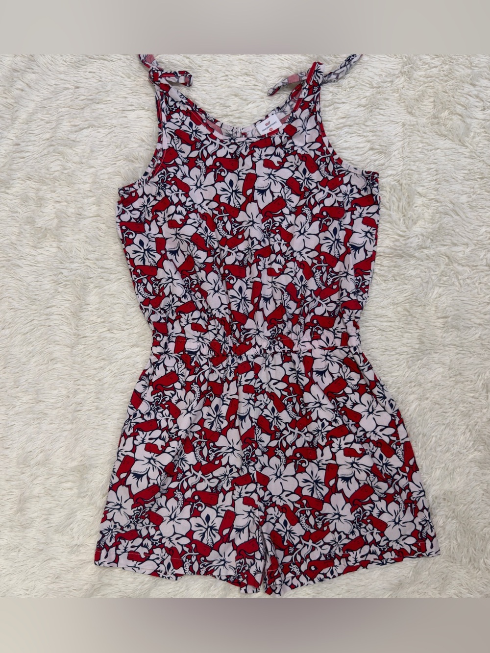 Vineyard Vines Girls Red White Hibiscus Floral Whale Romper Size L 10-12